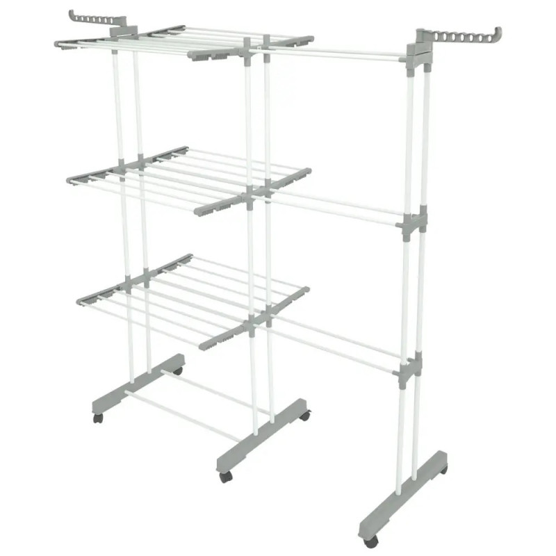 Сушилник за дрехи Kinghoff KH 2044, 30 м, До 30 кг, 3 нива, Колелца, Стомана, Бял/сив