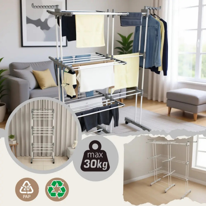 Сушилник за дрехи Kinghoff KH 2044, 30 м, До 30 кг, 3 нива, Колелца, Стомана, Бял/сив
