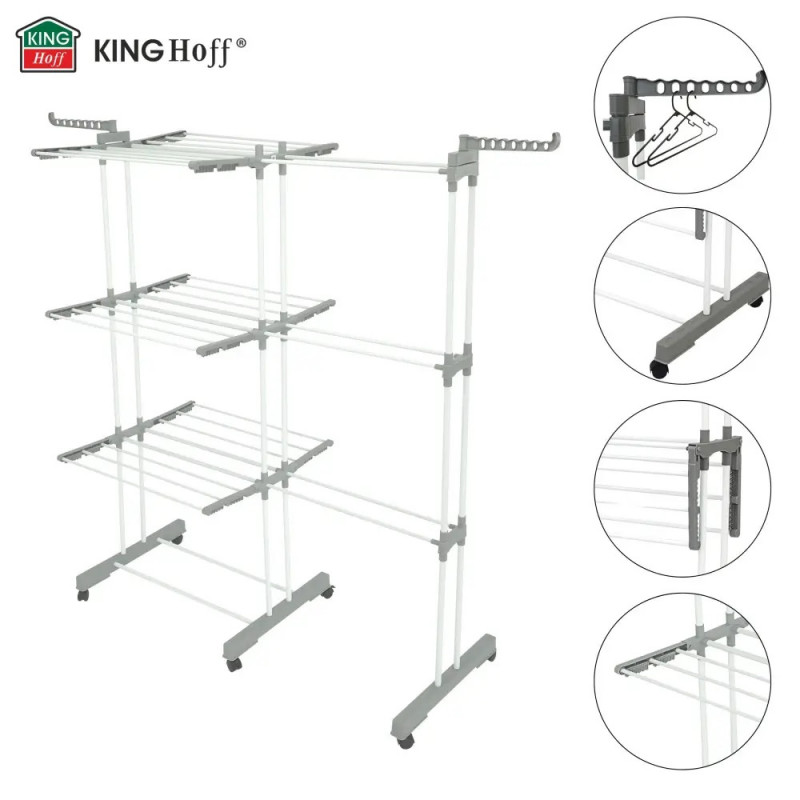Сушилник за дрехи Kinghoff KH 2044, 30 м, До 30 кг, 3 нива, Колелца, Стомана, Бял/сив