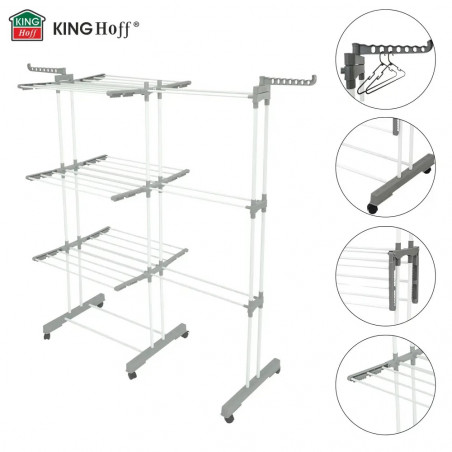 Сушилник за дрехи Kinghoff KH 2044, 30 м, До 30 кг, 3 нива, Колелца, Стомана, Бял/сив