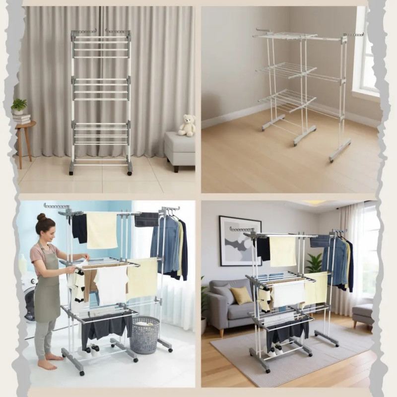 Сушилник за дрехи Kinghoff KH 2044, 30 м, До 30 кг, 3 нива, Колелца, Стомана, Бял/сив