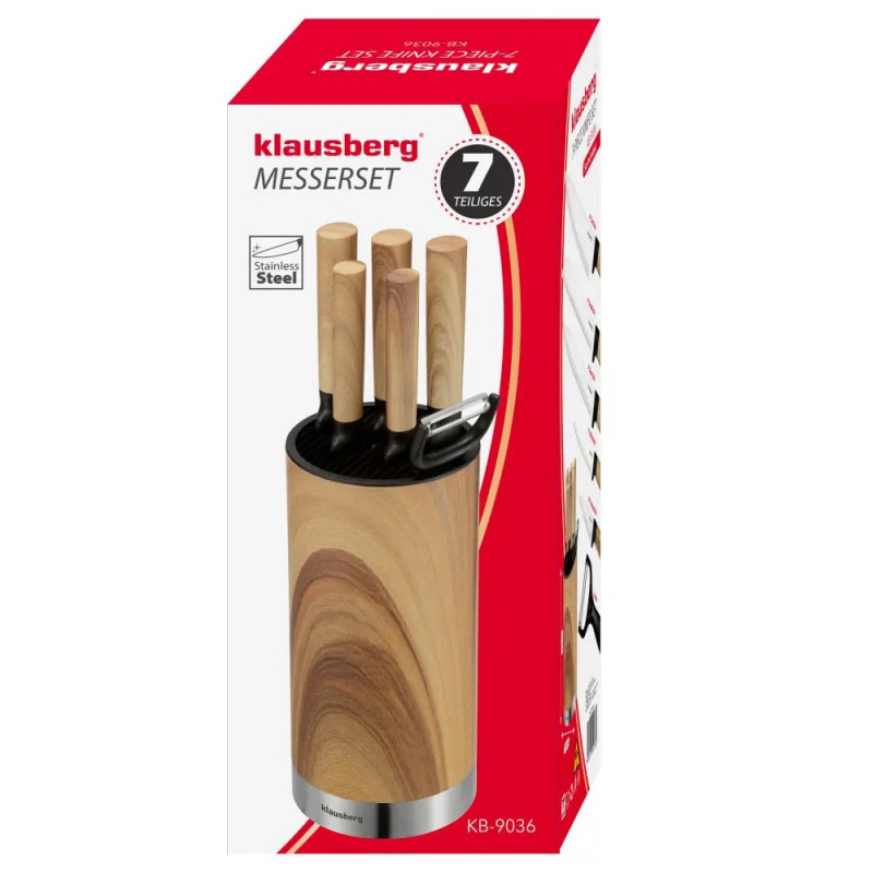 Комплект кухненски ножове Klausberg KB 9036, 7 ч, Неръждаема стомана, Дървесен ефект, Стойка, Кафяв