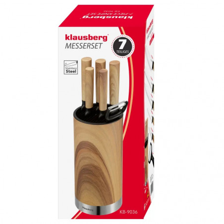 Комплект кухненски ножове Klausberg KB 9036, 7 ч, Неръждаема стомана, Дървесен ефект, Стойка, Кафяв