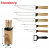 Комплект кухненски ножове Klausberg KB 9036, 7 ч, Неръждаема стомана, Дървесен ефект, Стойка, Кафяв