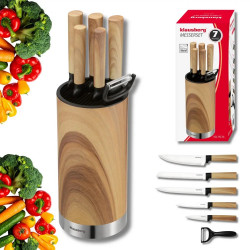 Комплект кухненски ножове Klausberg KB 9036, 7 ч, Неръждаема стомана, Дървесен ефект, Стойка, Кафяв