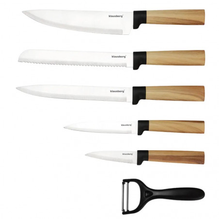 Комплект кухненски ножове Klausberg KB 9036, 7 ч, Неръждаема стомана, Дървесен ефект, Стойка, Кафяв