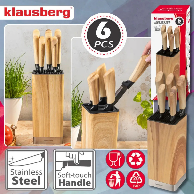 Комплект кухненски ножове Klausberg KB 9035, 6 ч, Неръждаема стомана, Стойка, Кафяв
