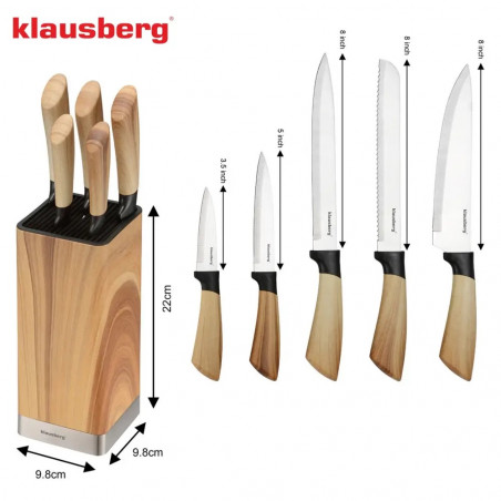 Комплект кухненски ножове Klausberg KB 9035, 6 ч, Неръждаема стомана, Стойка, Кафяв