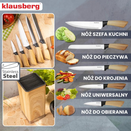 Комплект кухненски ножове Klausberg KB 9035, 6 ч, Неръждаема стомана, Стойка, Кафяв