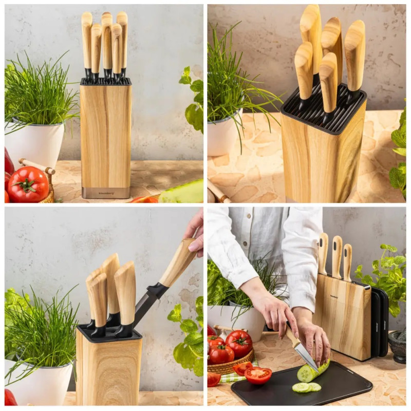 Комплект кухненски ножове Klausberg KB 9035, 6 ч, Неръждаема стомана, Стойка, Кафяв