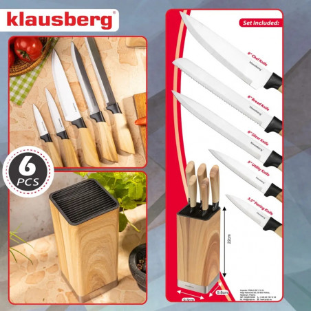 Комплект кухненски ножове Klausberg KB 9035, 6 ч, Неръждаема стомана, Стойка, Кафяв