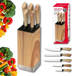 Комплект кухненски ножове Klausberg KB 9035, 6 ч, Неръждаема стомана, Стойка, Кафяв