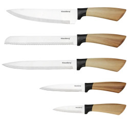 Комплект кухненски ножове Klausberg KB 9035, 6 ч, Неръждаема стомана, Стойка, Кафяв