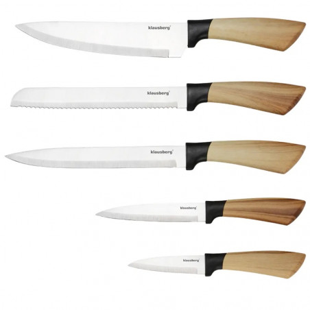 Комплект кухненски ножове Klausberg KB 9035, 6 ч, Неръждаема стомана, Стойка, Кафяв