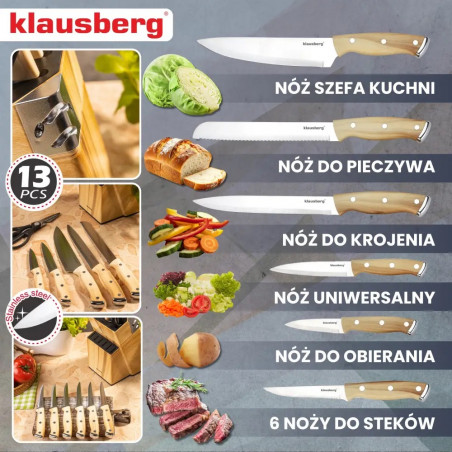 Комплект кухненски ножове Klausberg KB 9038, 13 ч, Вградено точило, Неръждаема стомана, Стойка, Кафяв