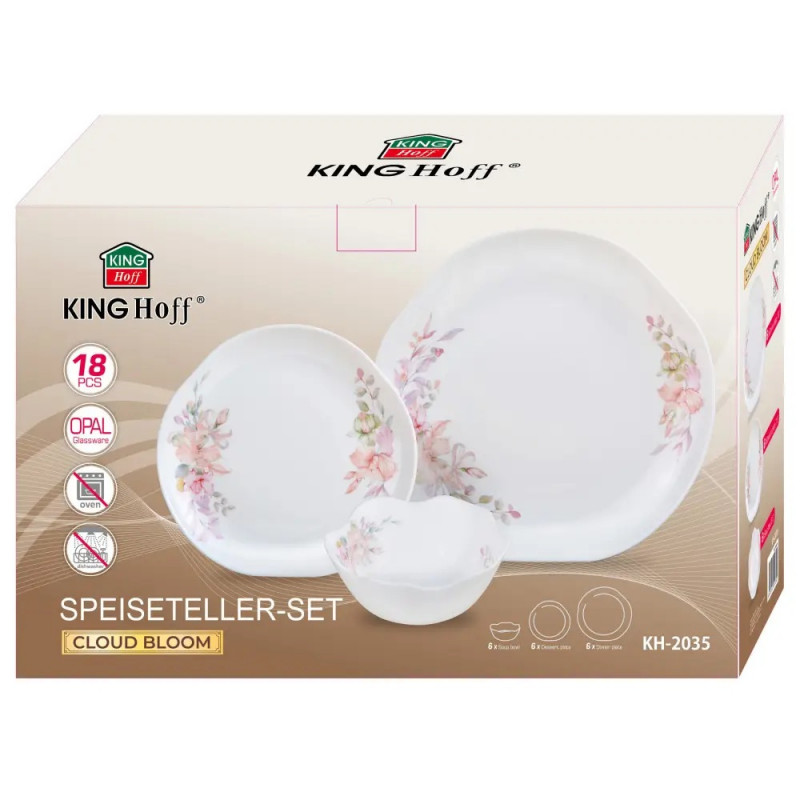 Сервиз за хранене Kinghoff KH 2035, 18 части, За 6 души, Опалово стъкло, Флорален мотив, Бял