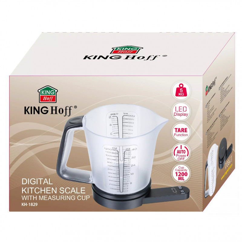 Кухненска везна с мерителна кана Kinghoff KH 1829, 1.5 л, До 5 кг, ТАРА, Автоматично изключване, Черен