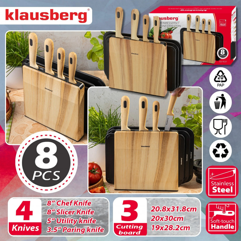 Комплект ножове и дъски за рязане Klausberg KB 9037, 8 части, Неръждаема стомана, Стойка, Кафяв/Черен