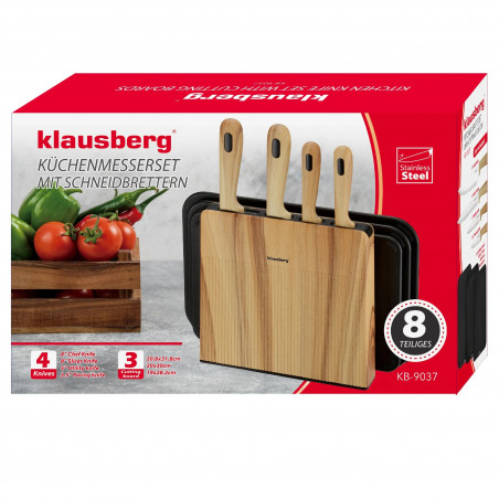 Комплект ножове и дъски за рязане Klausberg KB 9037, 8 части, Неръждаема стомана, Стойка, Кафяв/Черен