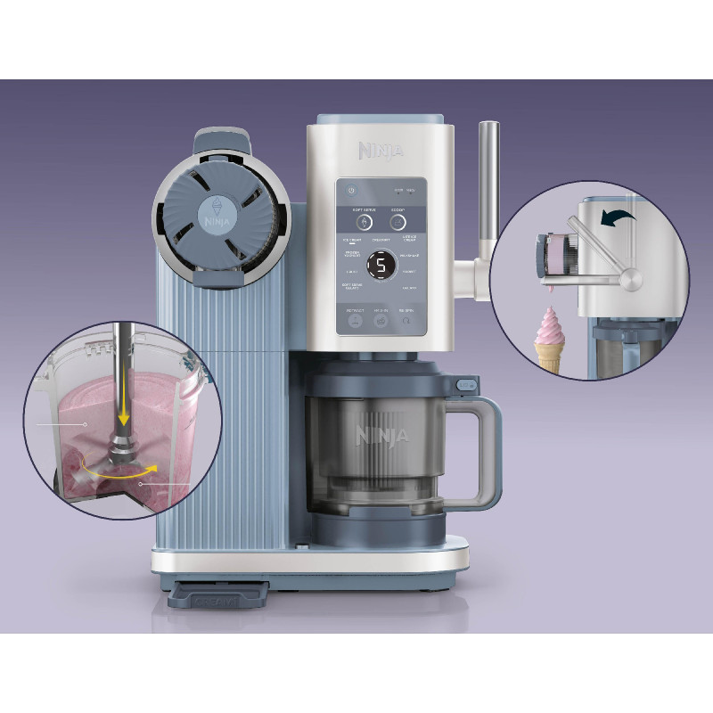 Машина за сладолед 13-в-1 Ninja CREAMi Scoop & Swirl™ NC702EU, 800W, 13 програми, 3-степенен лост за фунийки, CreamiFit, Creamify, 2 купички 473 мл, Персонализация, Син/Сив