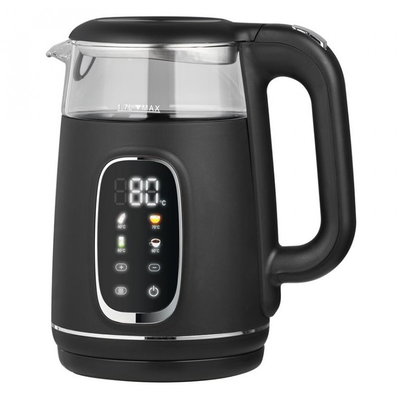 Електрическа кана Oliver Voltz OV51230AF, 2200W, 1.7 л, 4 режима, 13 темп. настройки, LCD дисплей, Сензорен контрол, Черен/Сребрист