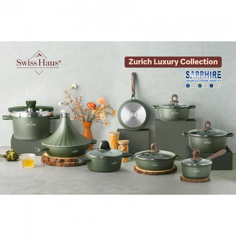 Комплект съдове за готвене Swiss Haus SH-GPC3020G, 20 ч, Sapphire-керамично покритие, Без PFAS, Фурна до 220°C, Индукция, Зелен