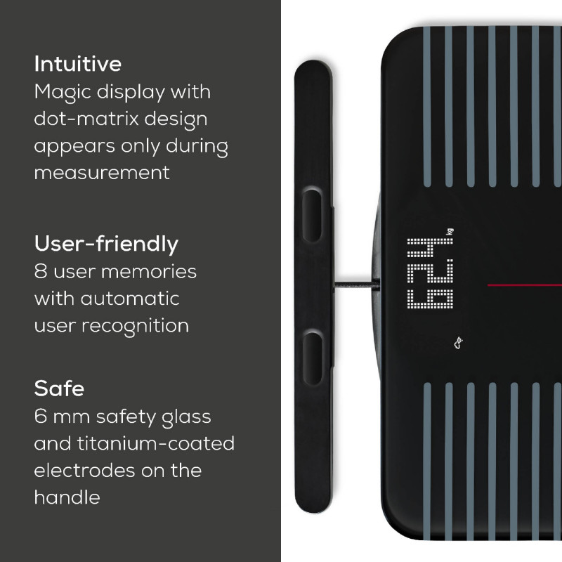 Кантар Beurer BF 990, До 180 кг, 15 функции, До 8 потребителя, LCD, Bluetooth, Wi-Fi, Автоматично разпознаване на потребител, Черен