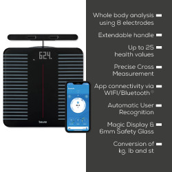 Кантар Beurer BF 990, До 180 кг, 15 функции, До 8 потребителя, LCD, Bluetooth, Wi-Fi, Автоматично разпознаване на потребител, Черен