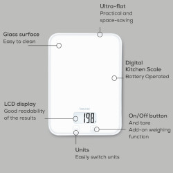 Кухненска везна Beurer KS 19 Pure White, До 5 кг, ТАРА, Сензорно управление, LCD, Стъкло, Ултратънка, Бял