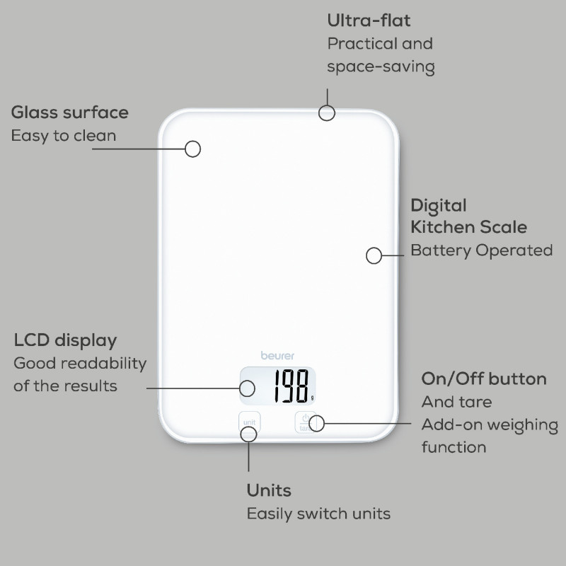 Кухненска везна Beurer KS 19 Pure White, До 5 кг, ТАРА, Сензорно управление, LCD, Стъкло, Ултратънка, Бял