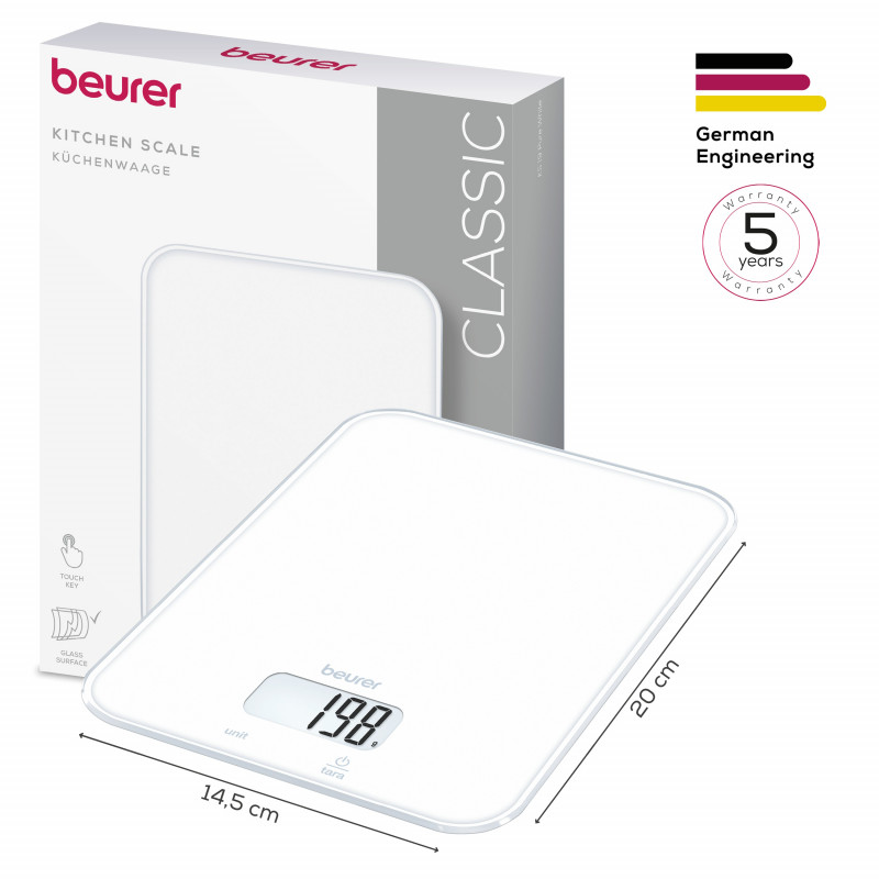 Кухненска везна Beurer KS 19 Pure White, До 5 кг, ТАРА, Сензорно управление, LCD, Стъкло, Ултратънка, Бял