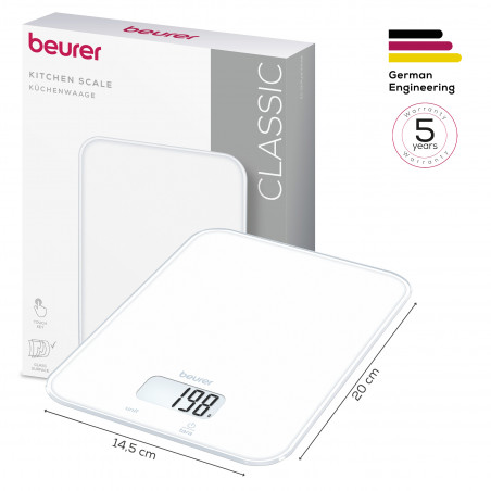 Кухненска везна Beurer KS 19 Pure White, До 5 кг, ТАРА, Сензорно управление, LCD, Стъкло, Ултратънка, Бял
