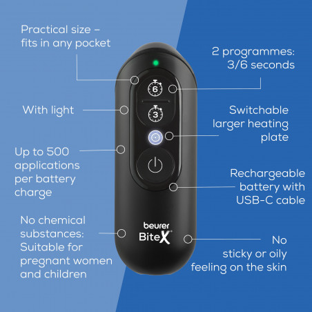 Уред за третиране на ухапвания от комари/насекоми Beurer BR 115 BiteX Max, BiteSpotLight, Без химични в-ва - подходящ и за бременни, Черен