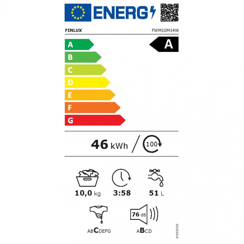 Пералня Finlux FWM10M14W, Клас А, 17 програми, 1400 об/мин, Отложен старт, Програма M-Smart, Бял