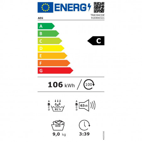 Сушилня AEG TR8394CDE, Клас C, 118 л, 9 кг, LED дисплей, AbsoluteCare, MixDry, WiFi, Черен