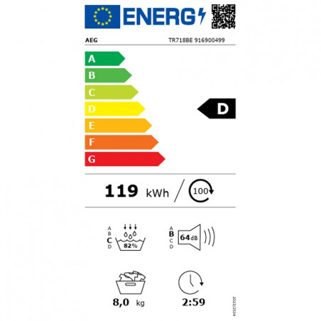 Сушилня AEG TR718BE, Клас D, 118 л, 8 кг, LED дисплей, Филтър EasyClean, MixDry, Anticrease, Бял