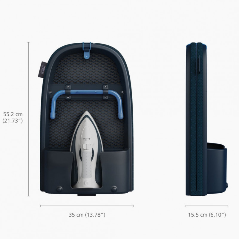 Сгъваема дъска за гладене Joseph Joseph Pocket Max Plus 5000022, Калъф от 100% памук, Водоустойчив слой, Кука за окачване, Отделение за ютията, DripShield, Син