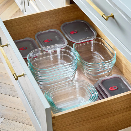 Кутия за храна Black+Blum Stack+Nest FBGR-BX-L107, 1.2 л, Правоъгълна, Подходяща за фурна, Без BPA, Боросиликатно стъкло, Сив/Червен