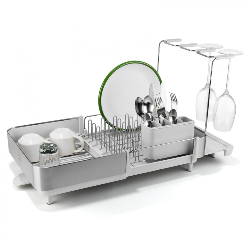 Сушилник за съдове Joseph Joseph Extend Steel Plus 6500041, До 16 части, Разтегателен, Релси за чаши, Отцеждане, Разглобяем, Неръждаема стомана, Бял