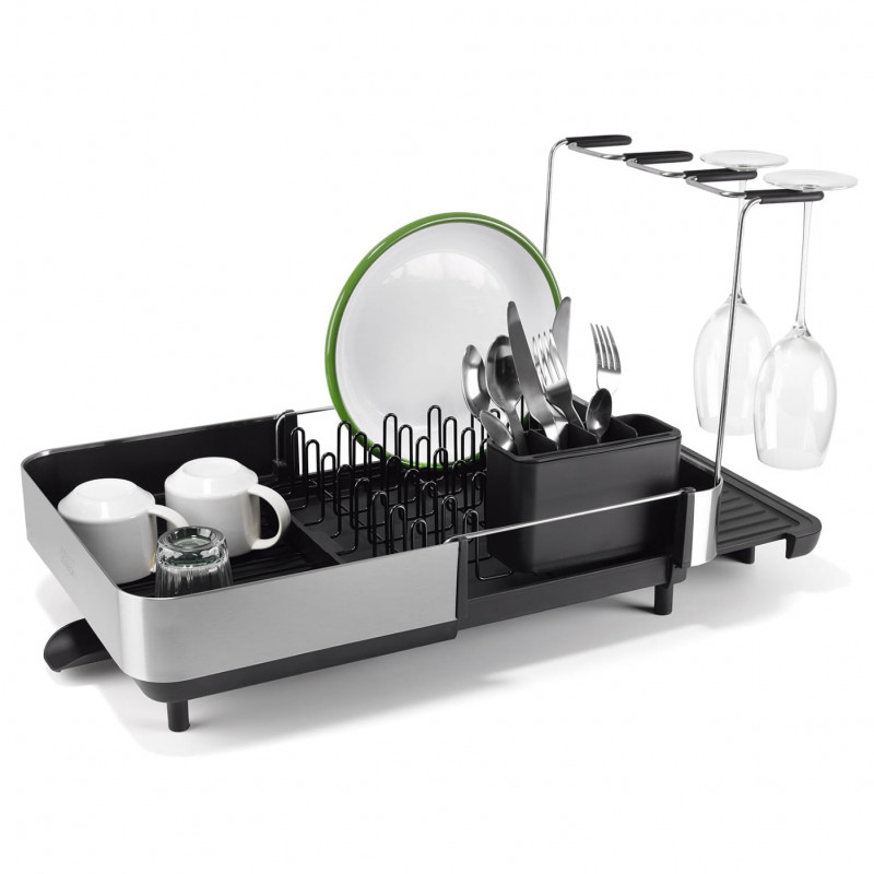 Сушилник за съдове Joseph Joseph Extend Steel Plus 6500040, До 16 части, Разтегателен, Релси за чаши, Отцеждане, Разглобяем, Неръждаема стомана, Черен