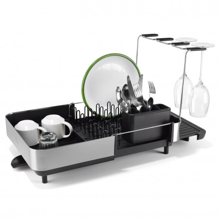 Сушилник за съдове Joseph Joseph Extend Steel Plus 6500040, До 16 части, Разтегателен, Релси за чаши, Отцеждане, Разглобяем, Неръждаема стомана, Черен