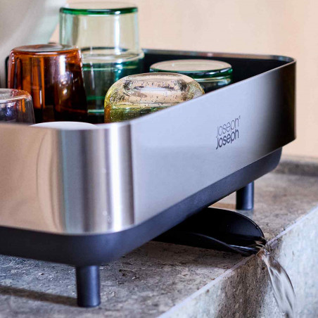 Сушилник за съдове Joseph Joseph Extend Steel Plus 6500040, До 16 части, Разтегателен, Релси за чаши, Отцеждане, Разглобяем, Неръждаема стомана, Черен