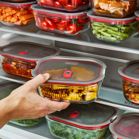 Комплект 4 бр кутии за храна Black+Blum Stack+Nest FBGR-BX-PACK4, 0.38/0.6/0.9/1.2 л, Правоъгълни, Подходящи за фурна, Без BPA, Неръждаема стомана, Сив/Червен