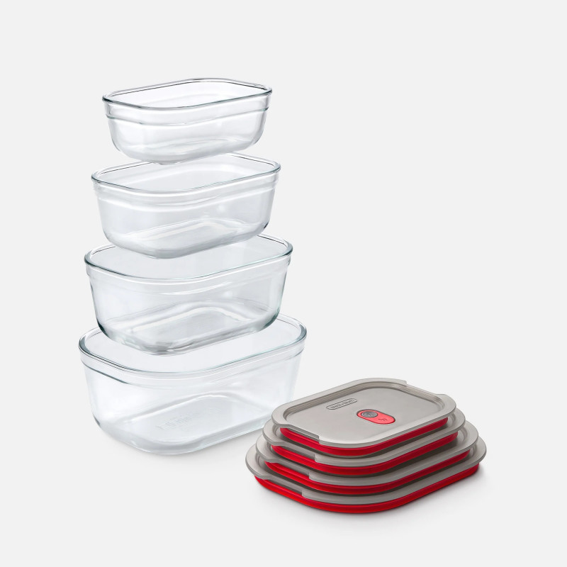 Комплект 4 бр кутии за храна Black+Blum Stack+Nest FBGR-BX-PACK4, 0.38/0.6/0.9/1.2 л, Правоъгълни, Подходящи за фурна, Без BPA, Неръждаема стомана, Сив/Червен