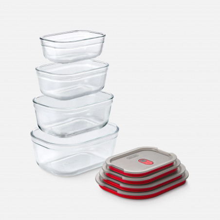 Комплект 4 бр кутии за храна Black+Blum Stack+Nest FBGR-BX-PACK4, 0.38/0.6/0.9/1.2 л, Правоъгълни, Подходящи за фурна, Без BPA, Неръждаема стомана, Сив/Червен