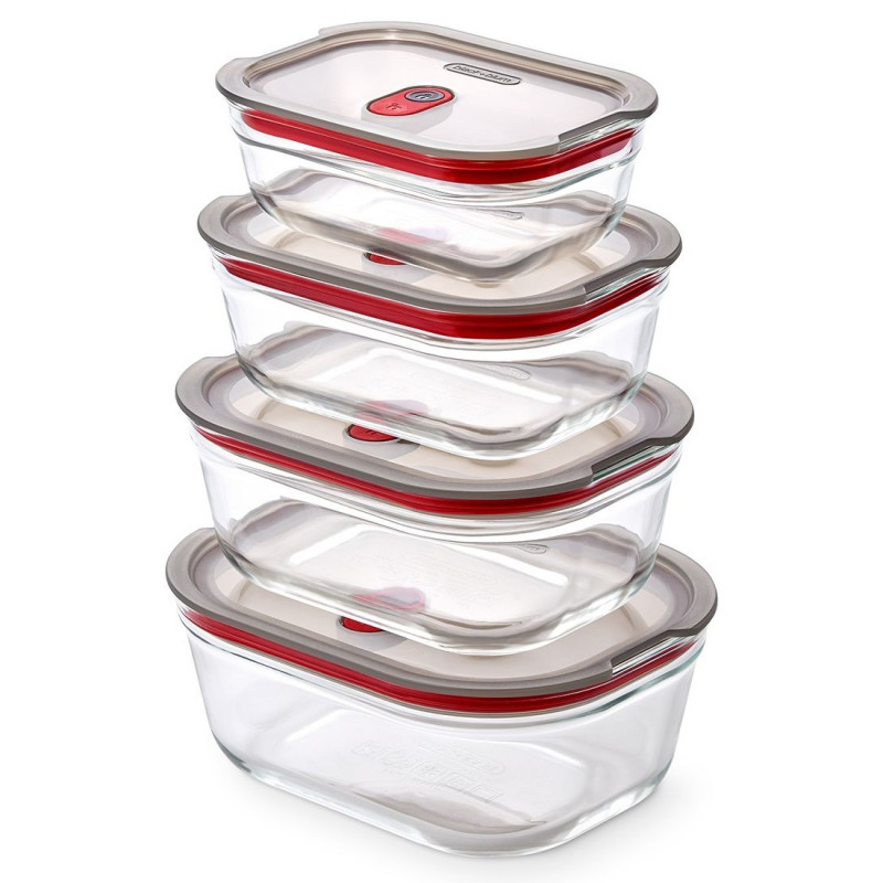 Комплект 4 бр кутии за храна Black+Blum Stack+Nest FBGR-BX-PACK4, 0.38/0.6/0.9/1.2 л, Правоъгълни, Подходящи за фурна, Без BPA, Неръждаема стомана, Сив/Червен