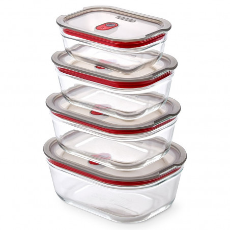 Комплект 4 бр кутии за храна Black+Blum Stack+Nest FBGR-BX-PACK4, 0.38/0.6/0.9/1.2 л, Правоъгълни, Подходящи за фурна, Без BPA, Неръждаема стомана, Сив/Червен