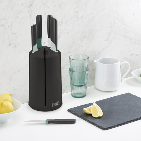 Комплект кухненски ножове Joseph Joseph Elevate™ 10541, 6 части, Неръждаема стомана, Въртяща поставка, Неплъзгаща основа, Черен/Зелен
