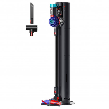 Вертикална прахосмукачка + Док станция с автоматично изпразване Dyson V10 Konical Moulded 594030-01, 150AW, 0.5 л, 60 мин, 3 режима, HEPA, Хигиенично изпразване, Без заплитане, Черен