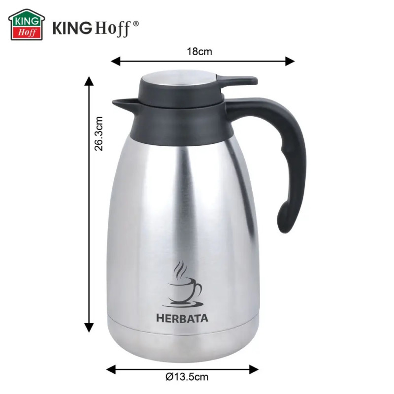 Конферентна термо кана за чай Kinghoff KH 2095, 2 л, Двойни стени, Корпус от неръждаема стомана, Инокс/черен